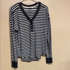 Nautica Black & White Striped Long Sleeve Henley Shirt | Size M